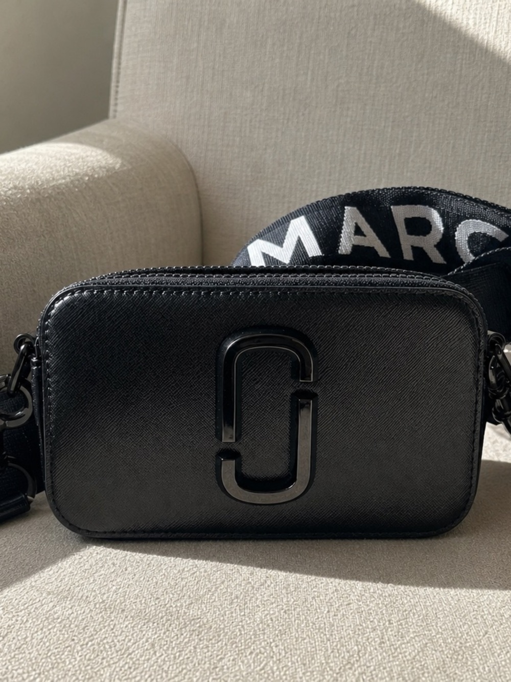 Marc Jacobs Black Leather Crossbody Camera Bag with Logo Strap